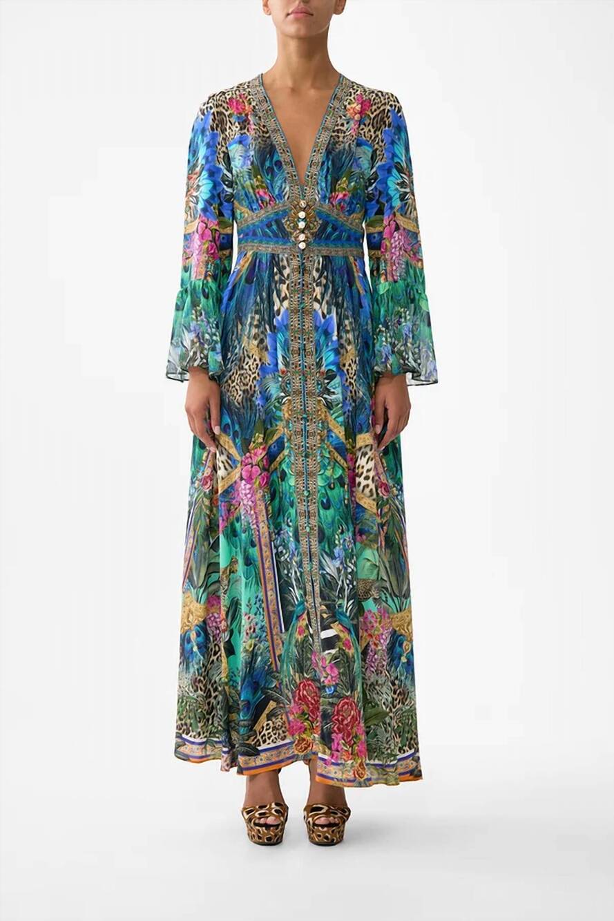 NEW CAMILLA shaped waistband dress with ruffle sleeve in animal alchemy